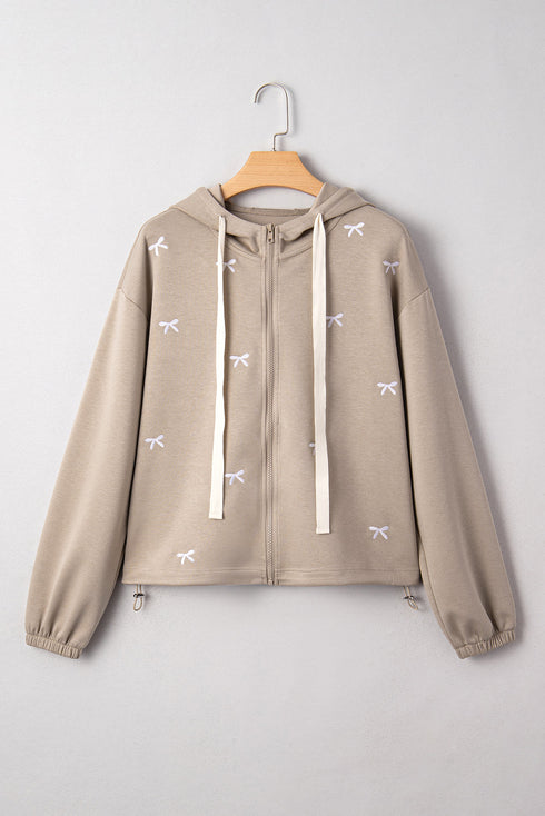 Contrast Bow Embroidered Satin Drawstring Zip Front Hooded Drop Shoulder Jacket